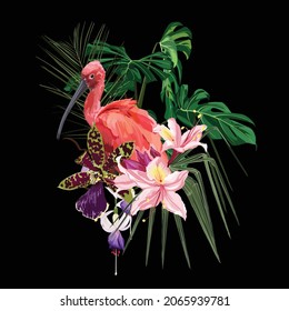 Tropical Invitation, floral invite thank you, rsvp modern card Design. Tropical bouquet with exotic tropical rainforest Scarlet Ibis bird and green  leaves, palms and flowers.