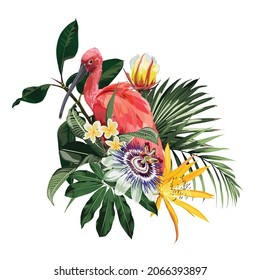 Tropical Invitation, floral invite thank you, rsvp modern card Design. Tropical bouquet with exotic tropical rainforest Scarlet Ibis bird and green  leaves, palms and flowers.