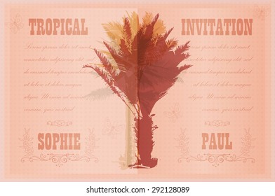 Tropical Invitation template for wedding, engagement and other events. Colorful background with silhouette of palm trees on the beach. Tropical seasonal background for vacation and summer.