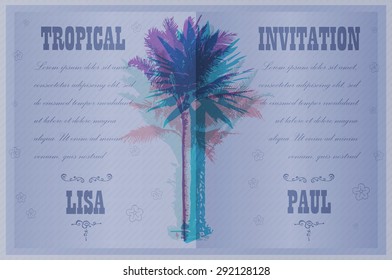 Tropical Invitation template for wedding, engagement and other events. Colorful background with silhouette of palm trees on the beach. Tropical seasonal background for vacation and summer.
