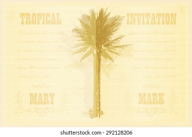 Tropical Invitation template for wedding, engagement and other events. Colorful background with silhouette of palm trees on the beach. Tropical seasonal background for vacation and summer.