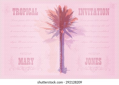 Tropical Invitation template for wedding, engagement and other events. Colorful background with silhouette of palm trees on the beach. Tropical seasonal background for vacation and summer.