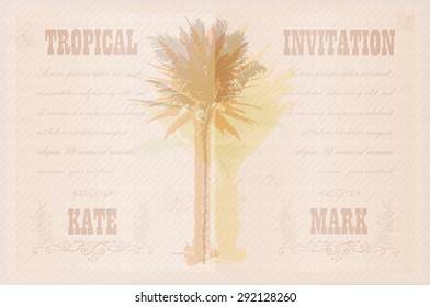 Tropical Invitation template for wedding, engagement and other events. Colorful background with silhouette of palm trees on the beach. Tropical seasonal background for vacation and summer.