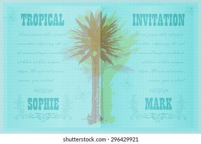 Tropical Invitation template for wedding, engagement and other events. Colorful background with silhouette of palm trees on the beach. Tropical seasonal background for vacation and summer.