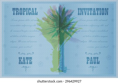 Tropical Invitation template for wedding, engagement and other events. Colorful background with silhouette of palm trees on the beach. Tropical seasonal background for vacation and summer.