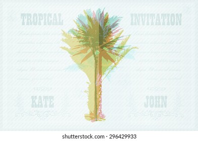 Tropical Invitation template for wedding, engagement and other events. Colorful background with silhouette of palm trees on the beach. Tropical seasonal background for vacation and summer.