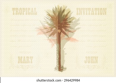Tropical Invitation template for wedding, engagement and other events. Colorful background with silhouette of palm trees on the beach. Tropical seasonal background for vacation and summer.