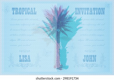Tropical Invitation template for wedding, engagement and other events. Colorful background with auto traced silhouette of palm trees on the beach. Tropical seasonal background for vacation and summer.