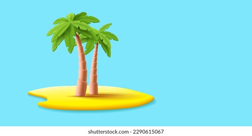 Tropical island, 3d vector of two plams on piece of land on blue modern backdrop