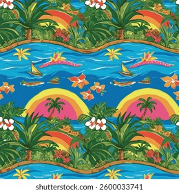 The tropical island abstract vector art features a vibrant fusion of colors, shapes, and flowing lines, evoking the beauty of a serene island paradise. 