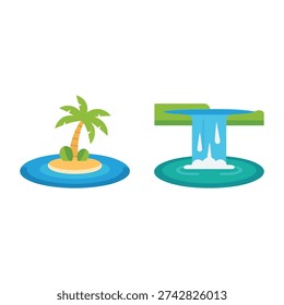 Tropical island and bamboo waterfall vector icons, palm on lagoon, water feature, summer travel clipart for poster, invitation design