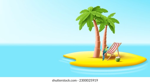 Tropical island with beach chair on palms island with cocktails and tropical birds