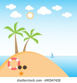 Tropical island with beach coconut tree sailboat life ring sunglasses starfish clouds and sun on blue sky background,  Vacation vector background, vector illustration