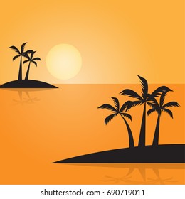 Tropical island beach coconut trees and sun, Island and coconut tree with silhouette, Seascape with sunset, orange color tone,  vector illustration