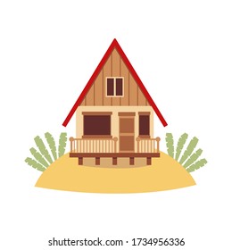 Tropical island beach house isolated on white background - brown wooden hut with red roof standing on sand hill. Holiday bungalow cottage - flat vector illustration.