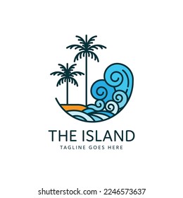 tropical island beach logo design with two palm trees and ocean waves