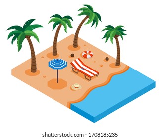 Tropical island with beach and palm tree . Summer holidays concept. Isometric. Vector illustration