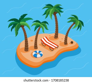 Tropical island with beach and palm tree . Summer holidays concept. Isometric. Vector illustration