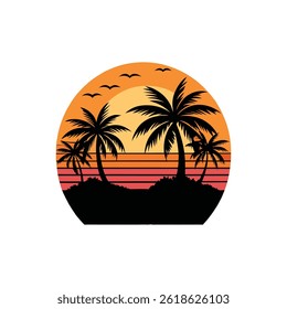 Tropical island beach with palm tree silhouette at sunsetTropical island beach with palm tree silhouette at sunset