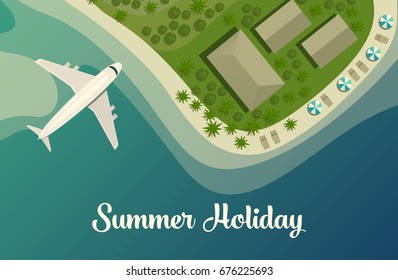 Tropical island beach or paradise isle top view with plane or jet aircraft, bungalow and umbrellas on beach. Lagoon and bay on isle, land in sea or ocean. Summer travel or tourism agency theme