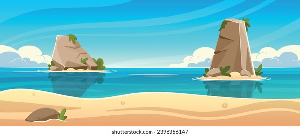 Playa Tropical Island con Rocas En El Océano Caricatura Panorámica Fondo. Paisaje natural con mar bajo cielo azul