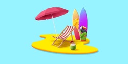 Tropical Island With Beach Umbrella And Chair With Surfing Board And Coconut Cocktail, 3d Render Illustration, Vacation Banner