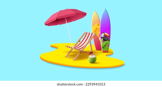 Tropical island with beach umbrella and chair with surfing board and coconut cocktail, 3d render illustration, vacation banner