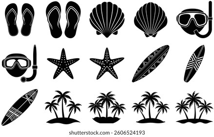 Tropical island and beach vector set with seamless leaf and shell pattern elements, Summer Vacation Icon Set