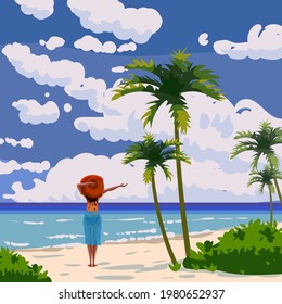 Tropical Island beach woman enjoy vacation, summer resort, seashore sand, palms, waves. Ocean, sea exotical beach landscape, clouds, nature. Vector illustration