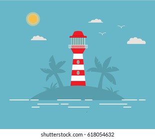 the tropical island with a beacon. A summer sea landscape with a lighthouse on the beach flat style a vector.Tower with a searchlight. Element of design of a banner for the website of travel company.
