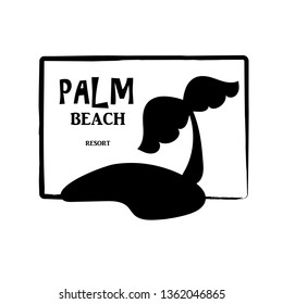 Tropical island black silhouette with text in frame. Palm beach resort vector logo on white background. Summer vacation escape logo. Holiday travel destination icon. Coco palm tree on island stamp