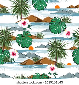 Tropical island with blooming hibiscus flowers and palm trees floral and monstera leaves seamless pattern vector EPS10 on blue ocean background. Exotic jungle wallpaper.