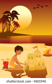 Tropical island, boy having fun at the beach.