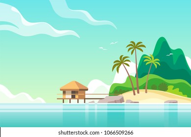 Tropical Island With Bungalow On The Beach. Summer Vacation. Vector Illustration.