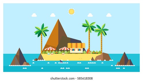 Tropical island. Bungalows on the island. Vector background