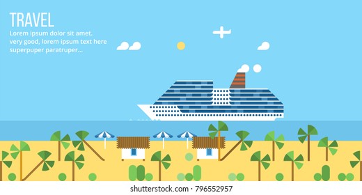 Tropical island. Bungalows on the island. Vector background. Cruise ship on the beach background.