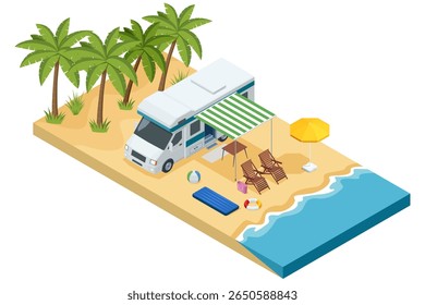 Tropical island with a camper trailer, palm trees, deck chairs, beach ball, lifebuoy, and orange flag. Summer vacation and travel concept in flat isometric style.