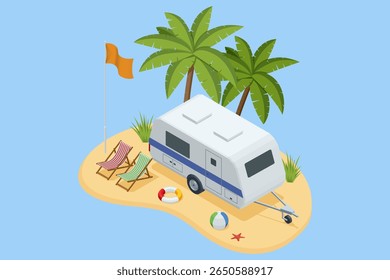Tropical island with a camper trailer, palm trees, deck chairs, beach ball, lifebuoy, and orange flag. Summer vacation and travel concept in flat isometric style.