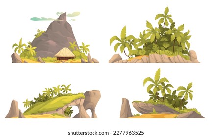 Tropical island cartoon composition set with jungle trees on stone rocks isolated vector illustration