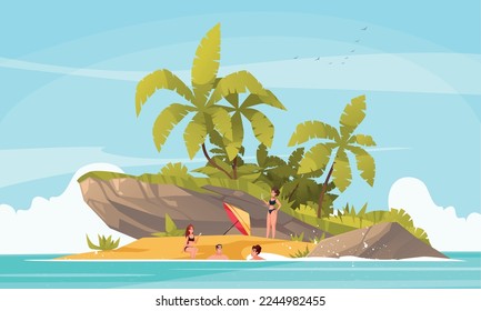 Tropical island cartoon concept with people on lonely beach vector illustration