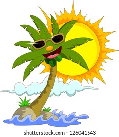 Tropical Island With Cartoon Palm Tree And Sun