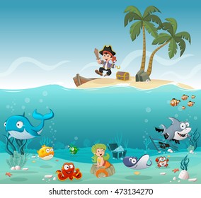 Tropical island with cartoon pirate boy with fish and mermaid under water. 
