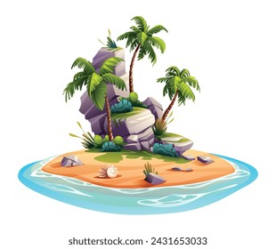 Ilustración vectorial de dibujos animados de la isla tropical. Isla deshabitada aislada sobre fondo blanco