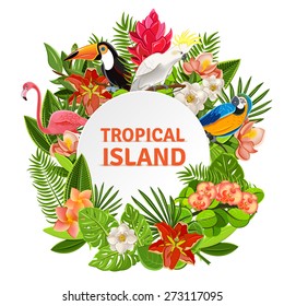 Tropical island circlet of beautiful plants flowers and exotic parrots frame pictogram poster print abstract vector illustration