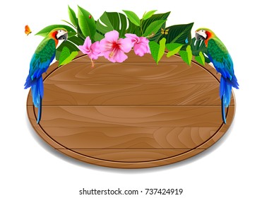 Tropical island circlet of beautiful plants flowers and exotic parrots frame