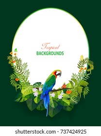 Tropical island circlet of beautiful plants flowers and exotic parrots frame