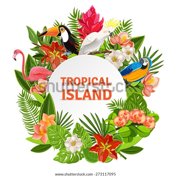 美しい植物の花とエキゾチックなオウムの枠の絵文字のポスターが 抽象的なベクターイラストを印刷した熱帯の島の輪 のベクター画像素材 ロイヤリティフリー