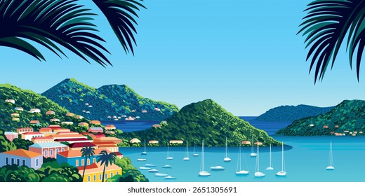 Tropical Island cityscape with caribbean small town, palms, green trees, yachts and blue sea in the background. Handmade drawing vector illustration.