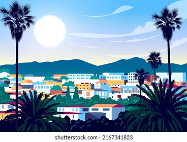 Tropical Island cityscape with traditional houses, palms and mountains in the background. Handmade drawing vector illustration.