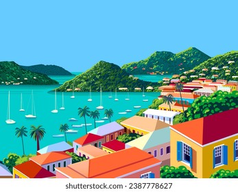 Tropical Island cityscape with traditional houses, palms and green trees in the background. Handmade drawing vector illustration.